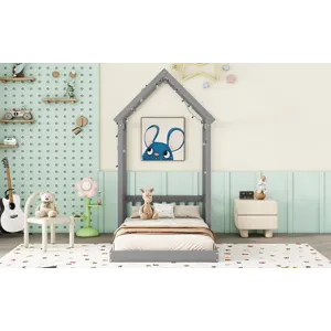 Twin House-Shaped Roof Headboard Floor Bed, (Without Slats) - Gray