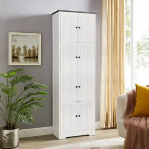 Tall Storage Cabinet With 8 Doors And 4 Shelves, Wall Storage Cabinet For Living Room, Kitchen, Offi