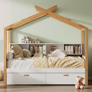 Twin Size Wooden House Bed Original Wood Colored Frame With Two Drawers And Bookshelf Storage Space 