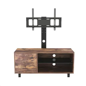 Rustic Brown TV Console With Push-To-Open Storage Cabinet For TV, Wood & Glass TV Stand For Living R