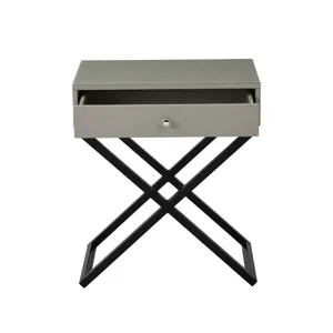 Koda - Wooden End Side Table Nightstand With Glass Top, Drawer And Metal Cross Base - Taupe
