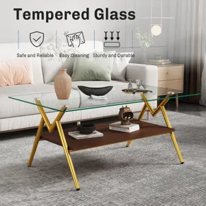 Rectangle Coffee Table With Tempered Glass Top And Golden Metal Legs, Modern Table For Living Room, 