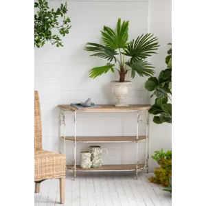 Three Tiered White Wooden Shelving Unit With Ornate Iron Frame - Multicolor