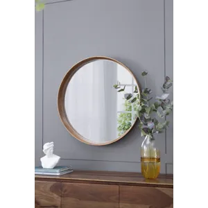 Round Pine Wood Mirror, Wall Mounted Mirror Home Decor For Bathroom Living Room - Brown