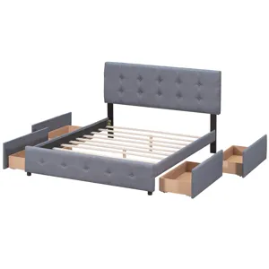 Queen Size Upholstered Platform Bed With Classic Headboard And 4 Drawers, No Box Spring Needed - Dar