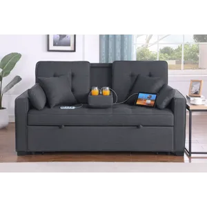 Cody II - 69.5\"W Dark Gray Linen Convertible Sleeper Loveseat With Cup Holder, Charging Ports and P