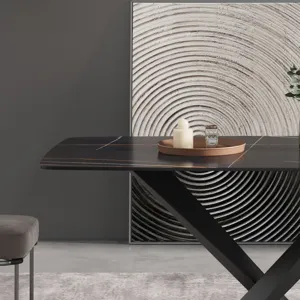 63\" Artificial Stone Black Curved Black Metal Leg Dining Table - Black