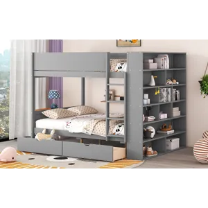 Full Over Full Bunk Bed With 2 Drawers And Multi - Layer Cabinet - Gray