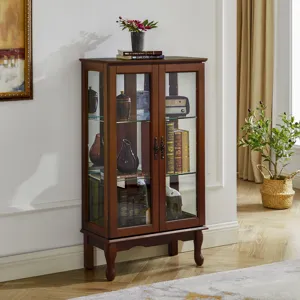 Curio Cabinet Lighted Curio Diapaly Cabinet With Adjustable Shelves And Mirrored Back Panel, Tempered Glass Doors (3 Tier), (E26 Light Bulb Not Included) - Walnut
