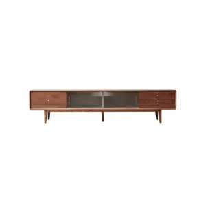 TV Cabinet With Chinese Changhong Glass Doors, Two Drawer Storage Space TV Standing - Walnut