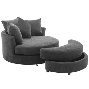 360° Swivel Accent Barrel Chair With Storage Ottoman & 4 Pillows, Modern Chenille Leisure Chair Roun