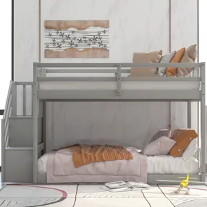 Twin Over Twin Floor Bunk Bed, Ladder With Storage - Gray
