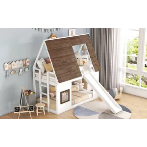 Wood Twin Size House Bunk Bed With Roof, Ladder And Slide - White / Brown