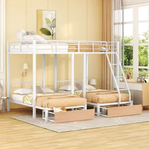 Full Over Twin & Twin Bunk Bed, Metal Triple Bunk Bed With Drawers And Guardrails - White