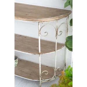 Three Tiered White Wooden Shelving Unit With Ornate Iron Frame - Multicolor