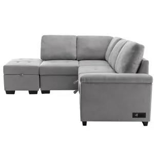 Sleeper Sectional Sofa, L-Shape Corner Couch Sofa - Bed With Storage Ottoman & Hidden Arm Storage & 