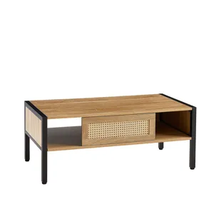 40.16\" Rattan Coffee Table, Sliding Door For Storage, Metal Legs, Modern Table For Living Room - Na