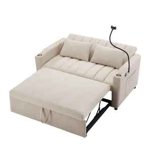 Convertible Sofa Bed Loveseat Sofa With Three USB Ports, Two Side Pockets, Two Cup Holders And 360° 
