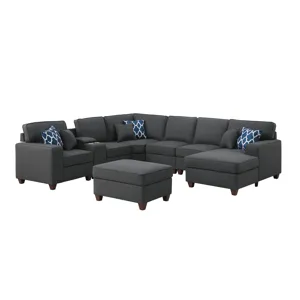 Tina - 8 Piece Upholstered Sectional With Ottoman - Dark Gray