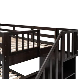 Twin Over Full Stairway Bunk Bed With Drawer, Storage And Guard Rail For Bedroom, Dorm, For Adults -