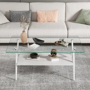 Rectangle Coffee Table With Tempered Glass Top And Metal Legs, Modern Table For Living Room - Transp
