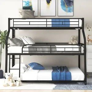 Twin Long / Full Long / Queen Triple Bunk Bed With Long And Short Ladder And Full-Length Guardrails 