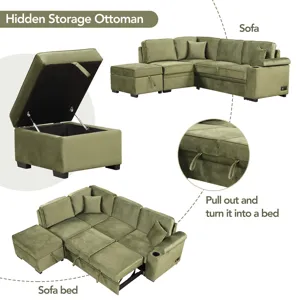 Sleeper Sofa Bed, 2 In 1 Pull Out Sofa Bed L Shape Couch With Storage Ottoman For Living Room, Bedro
