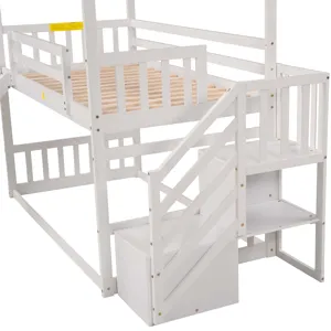 Twin Over Twin House Bunk Bed With Convertible Slide, Storage Staircase - White