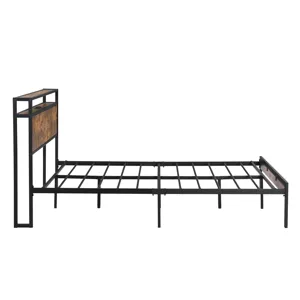 Full Size Metal Platform Bed Frame With Wooden Headboard And Footboard With USB Liner, No Box Spring