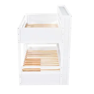 Twin Size Bunk Bed With Built-In Shelves Beside Both Upper And Down Bed And Storage Drawer - White