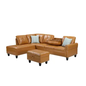 Irine - Faux Leather Sectional Sofa With Ottoman - Ginger