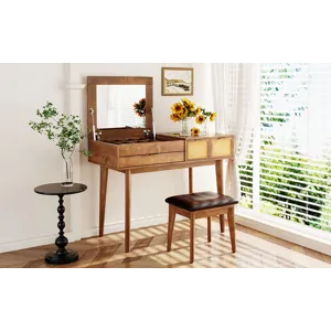 Classic Wood Makeup Vanity Set With Flip-Top Mirror And Stool, Dressing Table With Three Drawers And