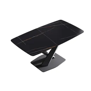63\" Artificial Stone Black Curved Black Metal Leg Dining Table - Black