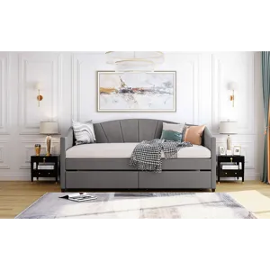 Twin Size Upholstered Daybed With Two Drawers And Wood Slat - Gray