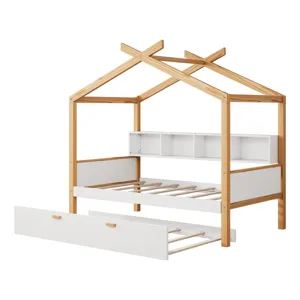 Twin Size Wooden House Bed With Original Wood Colored Frame Twin Size Trundle And Bookshelf Storage 