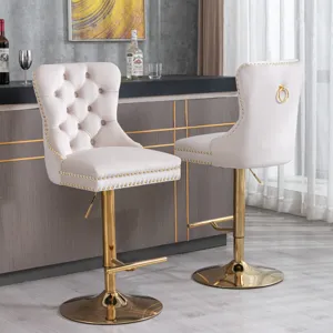 Thick Golden Swivel Velvet Barstools Adjusatble Seat Height From 27-35\", Modern Upholstered Bar Sto