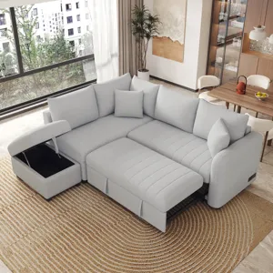 L-Shaped Sectional Pull Out Sofa Bed Sleeper Sofa With Two USB Ports, Two Power Sockets And A Movabl