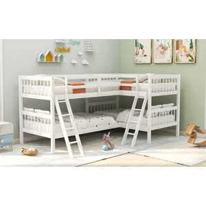 Twin L-Shaped Bunk Bed With Ladder - White