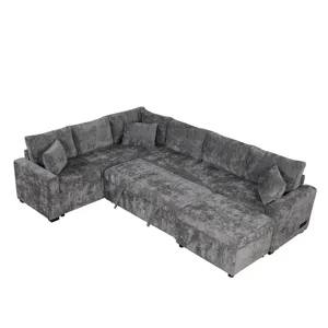 Sectional Sofa Pull-Out Sofa Bed Sleeper With A Storage Ottoman, Three Pillows And Charging Devices 