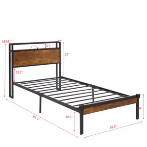 Twin Size Metal Platform Bed Frame With Wooden Headboard And Footboard With USB Liner, LED Lights, N