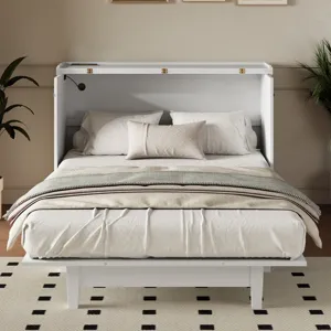 Queen Solid Pine Murphy Bed Chest Cube Cabinet Bed With Charging Station And Large Storage Drawer Fo