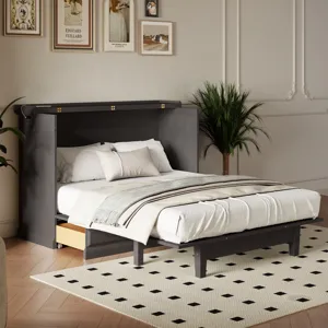Full Solid Pine Murphy Bed Chest Cube Cabinet Bed With Charging Station And Large Storage Drawer For