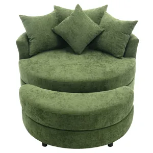 360° Swivel Accent Barrel Chair With Storage Ottoman & 4 Pillows, Modern Chenille Leisure Chair Roun