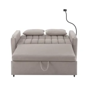 Convertible Sofa Bed Loveseat Sofa With Three USB Ports, Two Side Pockets, Two Cup Holders And 360° 