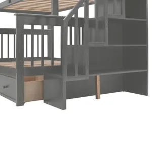 Twin Over Full Stairway Bunk Bed With Drawer, Storage And Guard Rail For Bedroom, Dorm, For Adults -