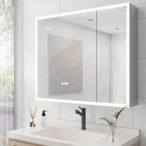 Bathroom Medicine Cabinet With Lights, 36×30" LED Medicine Cabinet With Mirror, Double Door Lighted Medicine Cabinet With Defogger, Dimmer, Clock & Temp Display, 2 Outlets & USB Ports - Silver