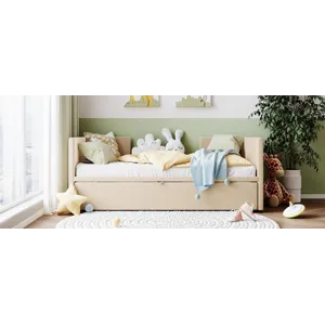 Twin Size Upholstered Daybed With Pop Up Trundle - Beige