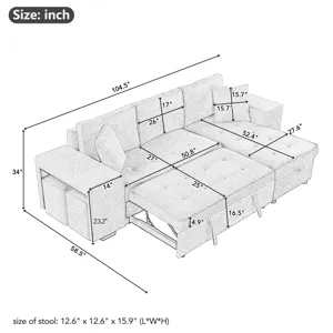 Modern L-Shape 3 Seat Reversible Sectional Couch, Pull Out Sleeper Sofa With Storage Chaise And 2 St