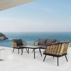 4 Pieces Patio Furniture Set, PE Rattan Wicker With Washable Cushion And Tempered Glass Tabletop, Co