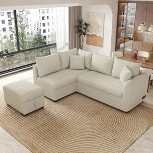 L-Shaped Sectional Pull Out Sofa Bed Sleeper Sofa With Two USB Ports, Two Power Sockets And A Movabl